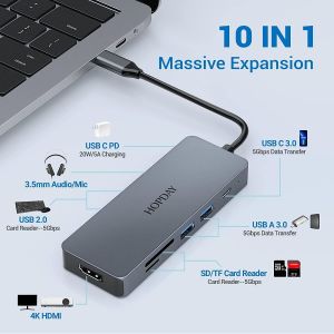 Station D'Accueil Usb C,10 En 1 Adaptateur Usb C Hdmi 4K,Usb C 3.0,Pd 100W,Usb 2.0,Lecteur De Carte Sd/Tf Compatible Avec Ordinateur Portable,Macbook Pro,Surface Et Appareils De Type C - Neuf