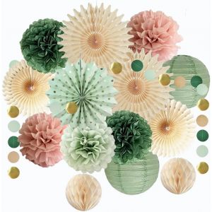 Décorations de fête vert sauge et rose poudré-Pompons en papier-Lanternes en papier à pois ronds à suspendre pour femmes et filles-Pour anniversaire,fête prénatale,mariage,fête prénuptiale - Neuf