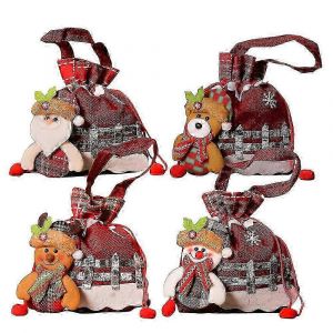 4Pcs la Veille de No&euml;l Cadeau de Poup&eacute;e Sacs en toile de Jute avec Cordon de serrage Bonbons &agrave; la Pomme d'Emballage Sacs de No&euml;l 3D Bonhomme de neige Elk Santa Ours en Tissu pochette cotillons - Neuf
