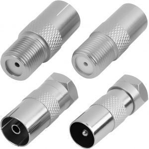 Adaptateur d'Antenne TV F M&acirc;le vers Femelle, Connecteur Coaxial RF Compatible avec C&acirc;ble Satellite, R&eacute;partiteur Antenne TV TNT, Prise Murale, Raccord Coaxial, Kit 4 Pi&egrave;ces, Argent - Neuf
