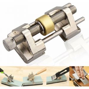 Guide d'affûtage - En acier inoxydable - Serrage sur le côté - Angle fixe - Avec rouleau en laiton pour ciseaux à bois, lame de rabot, burin plat - Largeur entre 0,8 et 8,2 cm - Neuf
