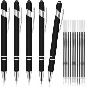 5pcs Ballpoint Pen with Stylus Tip, Retractable 2 in 1 Stylus Pens with 10 Leads Metallic Stylus for Touch Screens, 1.0mm Black Ink Ballpoint Pen (Black) - Neuf