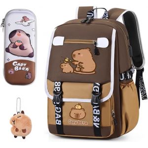 KALSC-Capybara Sac À Dos Enfant,Capybara Cartable Scolaire Kit Fournitures Scolaires Trousse À Crayons Ornements Badge Sacs D'École Animé Cartable Sac À Dos Scolaire Pour École,Bureau - Neuf