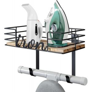 MEVRONISSHOP-Support mural en m&eacute;tal avec grand panier de rangement en bois et crochets amovibles (noir) - Neuf