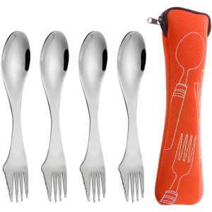 4 Couverts Et Cuillères Portables, 1 Sac De Rangement, Couverts Et Cuillères En Acier Inoxydable, Couverts Et Cuillères Dentelés, Couverts De Camping Portables, Set De Couverts De Voyage Trois En Un - Neuf