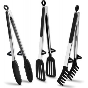 ERYI-Pince Cuisine Inox, 30Cm Lot De 3 Pince Barbecue Avec Embouts En Silicone, Pince Plancha Pour Griller, Barbecue, Buffet, Noir - Neuf