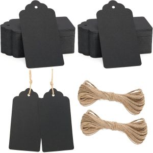 Étiquette Cadeaux en Papier Kraft 10x5 cm, 100PCS Étiquette Vierges avec Ficelle de Jute, pour Mariage Noël Anniversaire Artisanat (Noir) - Neuf