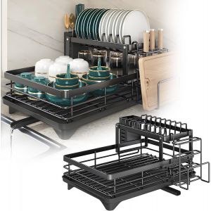 Jexnovashop-Grande Capacité Égouttoir À Vaisselle Noir, Egouttoir Vaisselle 2 Niveaux Avec Plateau D'égouttage, Drainage Automatique Rangement Vaisselle Cuisine Pour Comptoir De Cuisine - Neuf