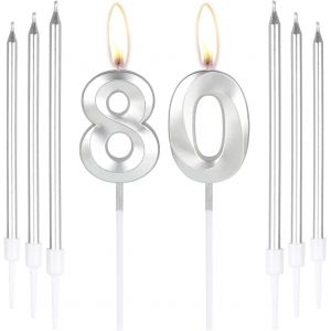 Lot De 6 Bougies D'anniversaire Argentées En Forme De Chiffre 80 Pour Gâteau Avec 6 Bougies Longues Et Fines,Décoration De Gâteau Pour Homme Et Femme,Pour 80e Anniversaire De Mariage - Neuf