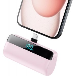 Mdy-Batterie Externe 5200mah Pour Iphone 16/15 Series, Pd Charge Rapide Usb C Power Bank Avec Écran Lcd Chargeur Portable Compatible Avec Iphone 16/15 Plus Pro Max, Samsung S24/23, Huawei Etc - Rose - Neuf