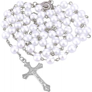 Chapelet Catholique En Perles Blanches - Collier De Perles De Verre Avec Breloques Crucifix - Long Chapelet De Pri&egrave;re - Collier De Perles Catholiques Pour Homme Et Femme, Perles De Verre - Neuf