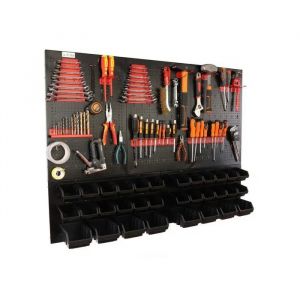 botle&reg; Panneau perfor&eacute; m&eacute;tallique, bacs empilables + &eacute;tag&egrave;re murale + porte-outils, lot de 59 pi&egrave;ces, 32 bacs empilables noirs - Neuf