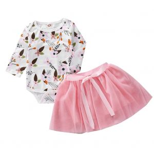 Combinaison A Manches Longues En Gaze Et Maille A Imprime Feuilles Pour Bebe Fille De 0 A 2 Ans (80) - Neuf