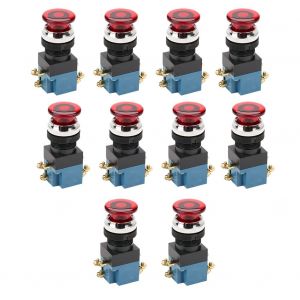 Lot de 10 interrupteurs a bouton-poussoir champignon a reinitialisation automatique avec lumiere 1NO 1NC, montage 25 mm LA19-11DJ (rouge) - Neuf