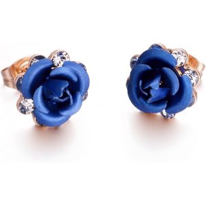 Kal-Rouge Bleu Fleur Boucles D'oreilles Femme Plaqué Rose Gold/Argent Zirconium Clou D'oreille Bijoux Cadeau Saint Valentin Mariage - Neuf