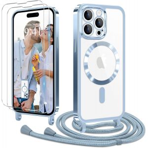 Kal-Coque Pour Iphone 14 Pro Avec Cordon De Collier + 2×Verre Trempé, Coque Transparente Silicone Tpu Bumper Etui Housse Avec Cordon Réglable, Coque Magnétique Pour Iphone 14 Pro Bleu - Neuf