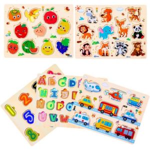 ERYI-5 Pcs Puzzles En Bois Pour Enfants, Jouet Éducatif D'Éveil Montessori Pour Bébés, Alphabet Nombre Forme Véhicules Fruit Animal Jeuets Educatifs Apprentissage Pour Bébés 1 2 3 Ans - Neuf