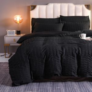 Letnerny-Parure De Lit 2 Pièces 155 X 220 Cm En Microfibre Seersucker Avec Housse De Couette Et 1 Taie D'oreiller 80 X 80 Cm Avec Rayures Noir - Neuf