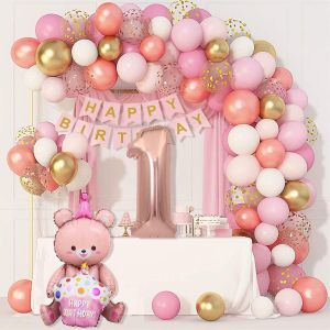 MEVRONISSHOP-Decoration Anniversaire 1 an Fille,Ballon Anniversaire 1 an fille, Ballons de Baudruche Rose,D&eacute;coration Anniversair Fille - Neuf