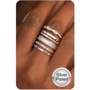 Kal-5pcs Bague Femme 14k Plaqu&eacute; Or Ensemble Bagues Empilables Or Argent,R&eacute;sistante &Agrave; L'eau Hypoallerg&eacute;nique Fian&ccedil;ailles Alliance Bague De Pouce Tailles 49-62 - Neuf