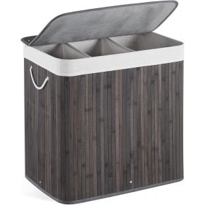 MEVRONISSHOP-Panier &agrave; Linge 150L avec Couvercle, 3 Compartiments&iquest;Corbeille en Bambou Naturel Bo&icirc;te de Rangement &agrave; Linge Pliable avec Couvercle Amovible pour Buanderie, Chambre, 61.5 x 40 x 60 cm, Gri - Neuf