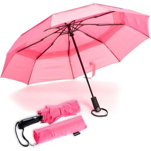 Parapluie De Voyage Coupe-Vent &Agrave; Double Toile - Rev&ecirc;tement En T&eacute;flon, Poign&eacute;e Ergonomique Et Housse De Protection - Design Compact, Pliable, L&eacute;ger Et Haute R&eacute;sistance Au Vent (Vert For&ecirc;t) - Neuf