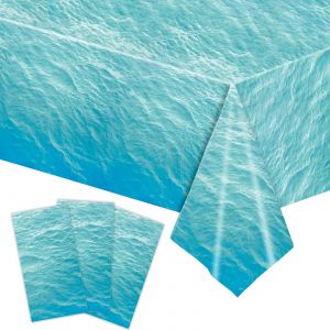 Nappe En Plastique Motif Vagues De L'oc&eacute;an 54 X 108 Pouces, Nappe Imprim&eacute;e Motif Oc&eacute;an, Nappe Bleue Pour D&eacute;coration De F&ecirc;te D'anniversaire, De Plage, De Piscine, Fournitures De Douche (3 Pi&egrave;ces) - Neuf