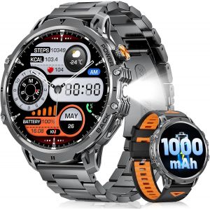 Montre Connect&eacute;e Homme 1000 Mah Batterie/1.85'' Hd Grand &Eacute;cran/Led Lampe,100+ Modes Sport,Ip68 &Eacute;tanche Montre Fitness Avec 24/7 Fr&eacute;quence Cardiaque,Moniteur De Sommeil Pour Android Ios,M&eacute;tal[Z1151] - Neuf