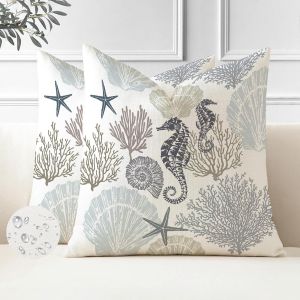 Cauc-Lot De 2 Decorative Housse De Coussin 40 X 40 &Eacute;t&eacute; Beige Housse Coussin En Polyester Exterieur Impermeable Oc&eacute;an Hippocampe Taie D'oreiller Decoratif Canape Pour Patio Jardin Ferme - Neuf