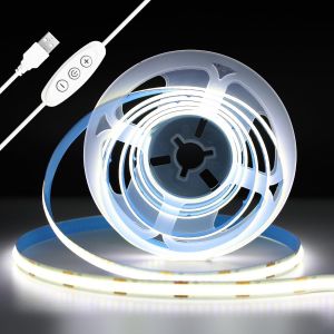 Ruban LED COB USB 5V Blanc Froid,2M 640LEDs Dimmable Haute Densité CRI93+ Bande Lumineuse LED Lumière Flexible Découpable Bande LED pour TV Rétroéclairage,Armoire,Chambre,Cuisine - Neuf