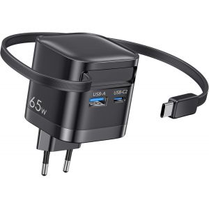 Chargeur USB C 65W Chargeur Rapide 3 Ports avec C&acirc;ble R&eacute;tractable, Portable GaN Adaptateur Secteur pour MacBook Pro/Air, iPad, iPhone 17/16/15/14/13, Galaxy S25/S24/S23, Pixel, Switch, Laptop - Neuf