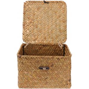 Panier de rangement avec couvercle en osier carré Boîte de rangement pour thé Organisateur de rangement en rotin Tissu Décoration - Neuf
