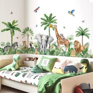 ERYI-Stickers Muraux Enfant Xxl Animaux De La Jungle Arbre Autocollant Mural Safari Girafe Éléphant Léopard Feuilles Tropicales Décoration Murale Bébé Pépinière Chambre Enfants - Neuf