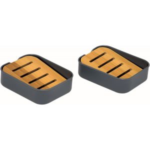 Lot de 2-Porte-Savon en Plastique avec &eacute;tag&egrave;re inclin&eacute;e en Bambou Naturel-Porte-Savon de Salle de Bain-Gris - Neuf
