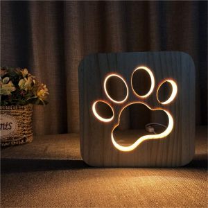 3d En Bois Sculpt&eacute; Chien Patte Forme De Lumi&egrave;re De Nuit De Led De No&euml;l Blanc Chaud Aliment&eacute; Par Usb, D&eacute;cor De Maison Lampe De Table Cadeau Pour Les Enfants B&eacute;b&eacute; - Neuf