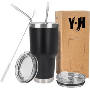 Sjzg-30oz (850ml) Gobelet De Voyage Tasse &Agrave; Caf&eacute; &Agrave; Paroi Double Isol&eacute;e Sous Vide Acier Inoxydable,Avec 2 Couvercles Anti-&Eacute;claboussures, 2 Pailles Et Brosse De Canalisation, Sans Bpa - Noir - Neuf