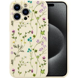 Brs-Fleurs Coque Pour Iphone 15 Pro Max Coque, Liquid Silicone Coque Protection Bumper Anti-Chocs Coque Cover Mignonne Fleur Housse Etui Souple Pour Iphone 15 Pro Max 6,7 Pouces, Beige - Neuf