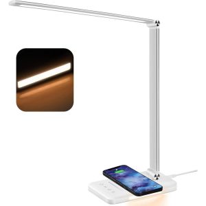 Lampe De Bureau, Lampe De Table Led Avec Charge Sans Fil Qi 10w, Fonction De Charge Usb, 1200lux Lampe Bureau Led Dimmable, Lampe De Lecture, Veilleuse, Fonction M&eacute;moire, Contr&ocirc;le Sensible, 6000k, 24 - Neuf