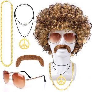 Trahoo-Perruque Afro Deguisement Hippie Homme Perruque Hippie Costume Carnaval Costume Halloween Deguisement Disco Annees 70 80 Perruque Marron Or Homme - Perruque Lunettes Fausse Moustache Collier - Neuf