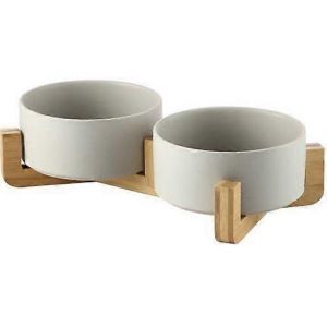 Céramique Double Bol En Bois, Le Chien Et Le Chat Bol Avec 2 Bols En Céramique Sur La Solide Base En Bois, 400 Ml, Gris - Neuf