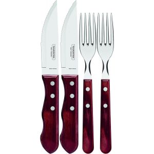 Oayew-- Couteaux Et Fourchette &Agrave; Steak Jumbo. 4pcs Inox Et Bois Rouge. - Neuf