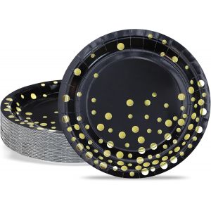 Assiettes À Dessert 18cm Paillettes Dorées Assiettes En Carton Jetables Noir Assiette En Papier 50 Pièces Vaisselle Jetable Pour Baptême, Anniversaire, Mariage - Neuf