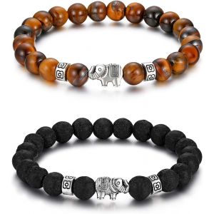 Kal-2spcs Bracelets Manchette De Perles Pierre Oeil De Tigre/Volcanique Noir Motif Eléphant Symbole Buddha Chaîne De Main Elastique Ethnique Pour Femme Homme Cadeaux Fantastique Anniversaire - Neuf