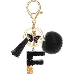 Kal-Porte Clé Lettre Avec Initiale, Porte Clef Alphabet Avec Pendentif Pompon Tassel Papillon Pour Femmes Filles, Charme De Porte Clés En Résine Noir Pour Clé De Voiture Sac À Main Décor - Neuf