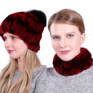 EVAGO Femmes Véritable Fourrure De Lapin D'hiver En Tricot Bonnet Écharpe Ensemble Pour Fille Épais Doublé Chapeau De Ski Chaud Tête De Mort Avec Fox Pom-style 32-enfants-femme - Neuf