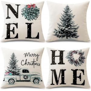 CAUC-Lot de 4 housses de coussin de No&euml;l d&eacute;coratives modernes pour canap&eacute;, salon, jardin, 40 x 40 cm, motif sapin de No&euml;l - Neuf