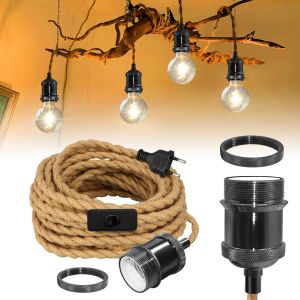 Subzonal-Lampe Suspendue Industrielle En Laiton, 5.1m Corde De Chanvre Câble Lustre Rétro, Support De Lampe E27 En Cuivre Noir, Suspension Luminaire Vintage Avec Prise Et Interrupteur Pour Chambre Cu - Neuf