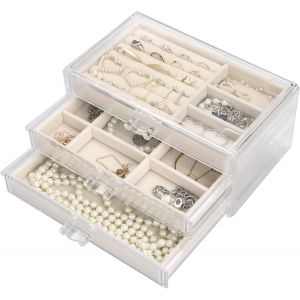 Coffret Bijoux Avec 3 Tiroirs En Velours Acrylique Pour Boucles D'oreilles, Bagues, Colliers, Bracelets - Organisateur, Cadeau Pour Femme (Beige) - Neuf