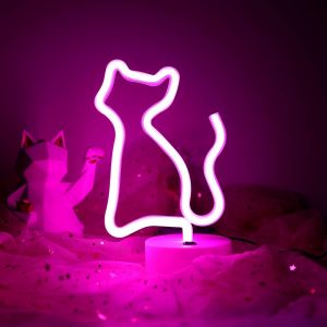Panneau Lumineux N&eacute;on &Agrave; Led - Motif Chat Rose - Avec Base - D&eacute;coration D'int&eacute;rieur - Fonctionne Avec Piles Et Usb - Pour La D&eacute;coration De La Maison Et De F&ecirc;te - Rose - Neuf