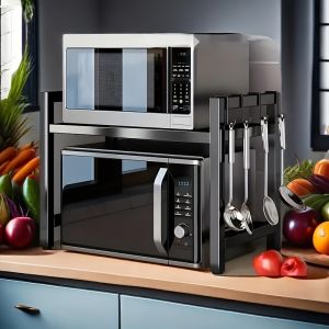 &Eacute;tag&egrave;re de cuisine &agrave; deux niveaux (Noir), Support de comptoir pour micro-ondes, &Eacute;tag&egrave;re de four, Solution de rangement pour cuisine, R&eacute;glable de 40 &agrave; 65 cm, Comprend 6 crochets, Aide &agrave; organiser l'espace de la cuisine. - Neuf